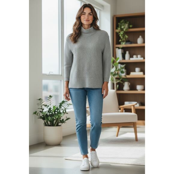 Vince Camuto Mock Neck Grey Ribbed Sweater Size Medium Cotton Knit Minimalist - Picture 12 of 12